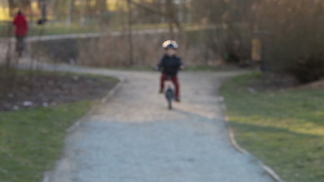 Cute little boy riding a bike on a sunny afternoon