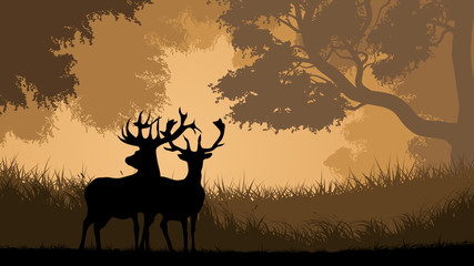 Horizontal illustration of wild animals in wood.