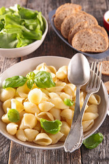 pasta, salad and bread