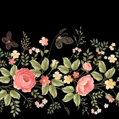 Gordijnen Vintage Bloemen seamless floral border on black background  © citradora