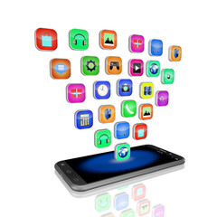 mobile phone with colorful application icons , on white backgrou