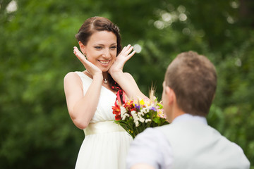 Bride and groom meet in their wedding. People emotions