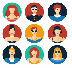 Set of flat icons with women. Vector background.