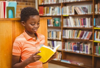 Cute boy reading book in library