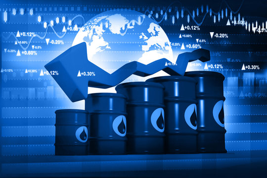 Oil Barrels With Falling Oil Price Graph.