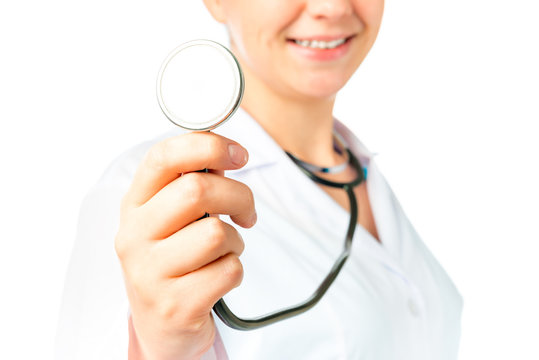 stethoscope in focus. Shooting nurse on a white background