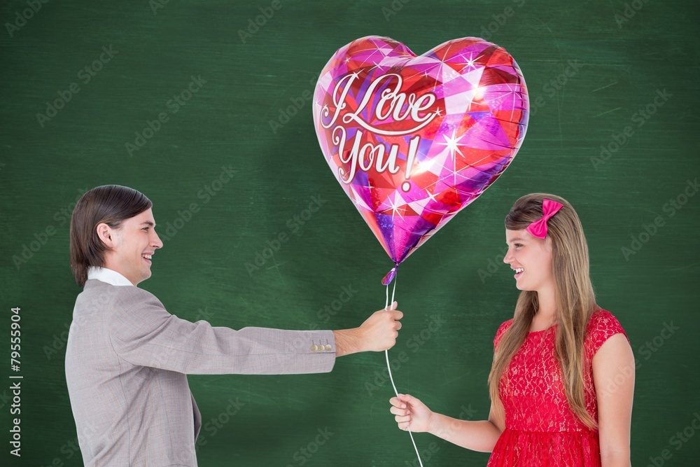 Poster geeky hipster offering red heart shape balloon