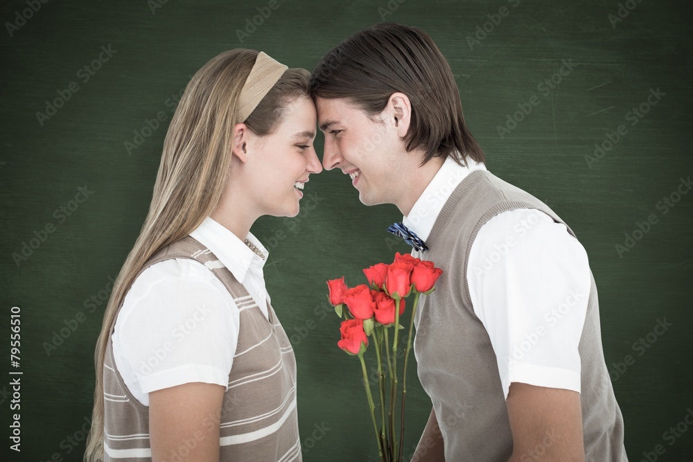 Poster Composite image of happy geeky hipsters looking at each other