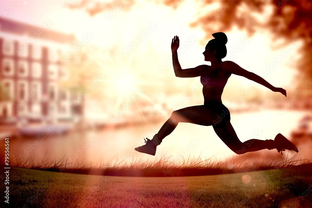 Aufkleber Composite image of fit brunette running and jumping