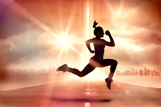 Composite image of fit brunette running and jumping