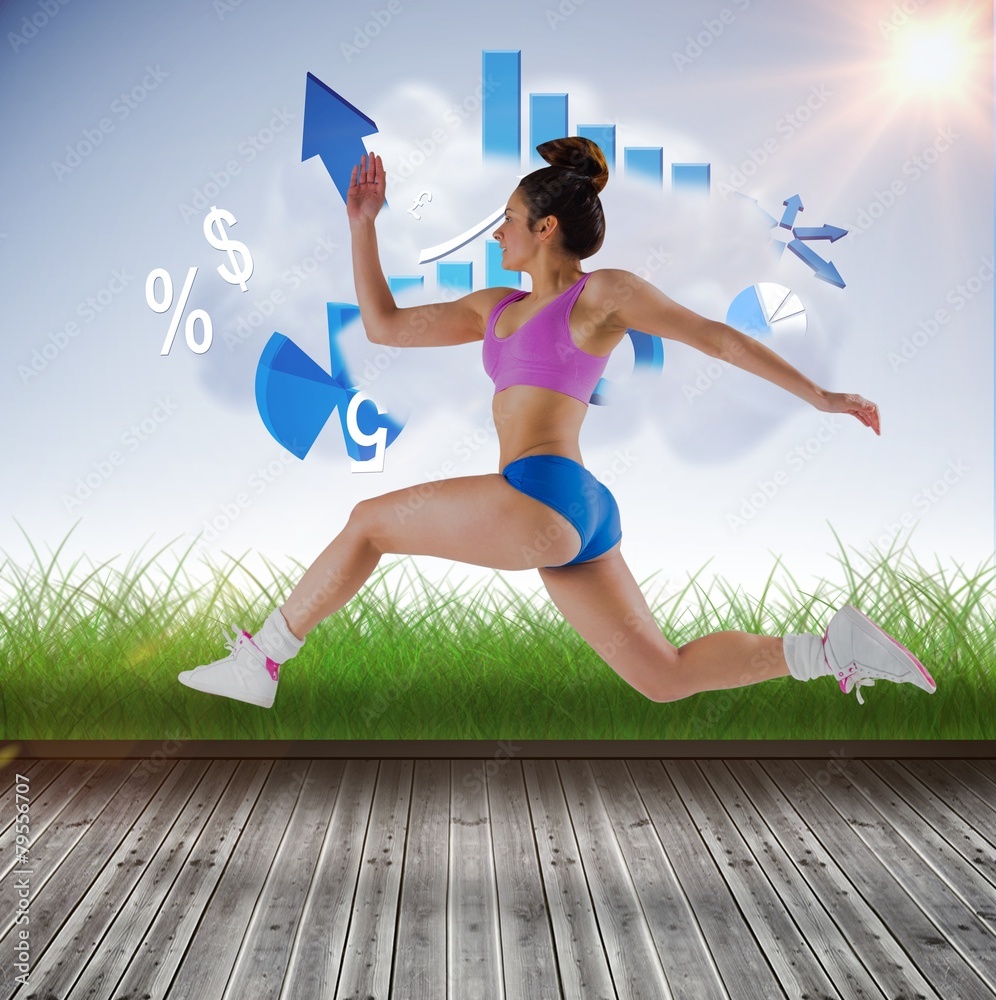 Poster Composite image of fit brunette running and jumping