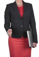 Business woman with laptop offering hand