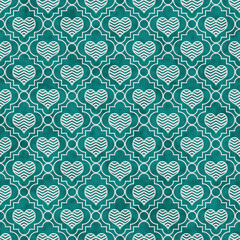 Teal and White Chevron Hearts Tile Pattern Repeat Background