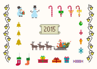 set of pixel art for christmas and new year