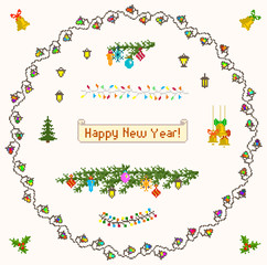 set of pixel art for christmas and new year