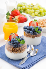delicious dessert with cream, fresh berries and muesli, vertical
