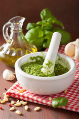pesto sauce and ingredients over wooden rustic background