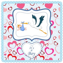 Cartoon stork with baby boy card