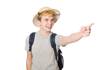 Man in safari hat in hunting concept