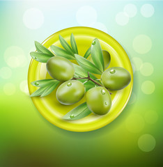 vector background with green olives on a green plate