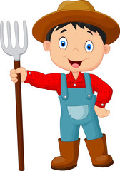 Cartoon young farmer holding rake