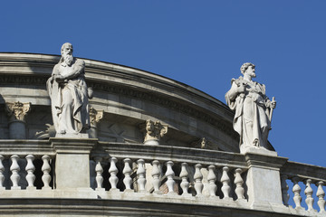 Close view of historical statues on the roof of Istvan church in Budapest
