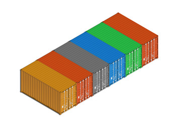 Colorful metal freight shipping containers in line on white