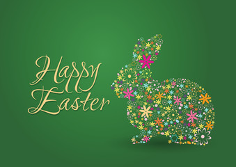 Happy Easter Green Background with Rabbit & Flowers