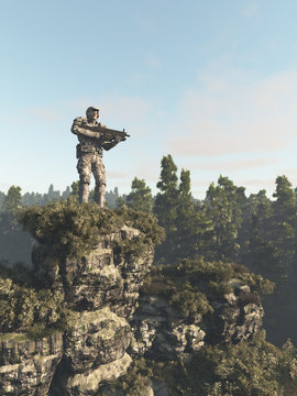 Futuristic Marine Ranger Keeping Guard in the Forest