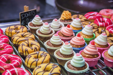 Sweet donuts arranged at display