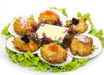 scallops in batter decorated eggs and salad