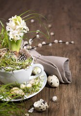 Easter decorations with white pearl hyacinth on wood