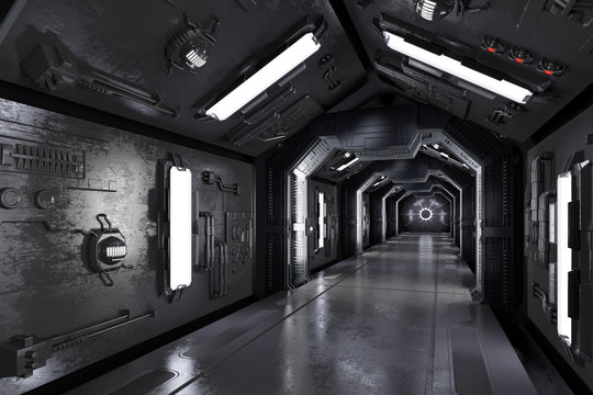 Gang innen durch ein dunkles Raumschiff