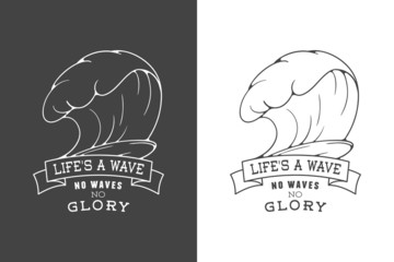 Surfing illustration and emblem with lettering. Stylized image o