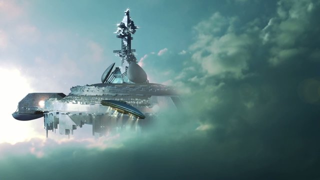 UFO approaching a gigantic mother-ship in the clouds