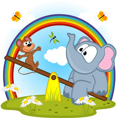 elephant and mouse riding on seesaw - vector illustration, eps