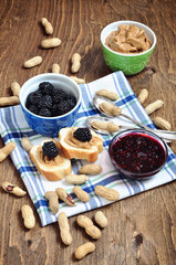 Breakfast with peanut butter and blackberry jam