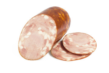Slice of sausage on a white background