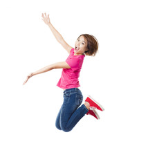 Young happy woman and student jumping