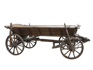 Fototapeta premium Vintage old rough wooden cart isolated on white