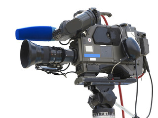 TV Professional studio digital video camera on tripod isolated o