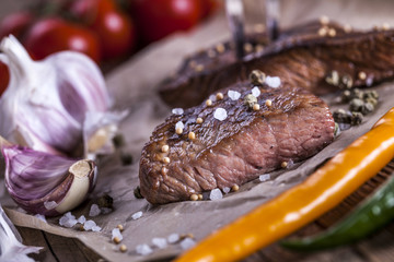 Excellent fried beef served with vegetables and spices