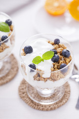 Delicious dessert with fruits and flakes