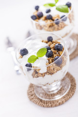 Delicious dessert with fruits and flakes