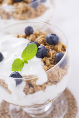 Delicious dessert with fruits and flakes