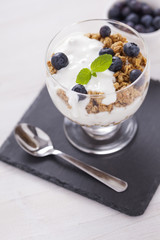 Delicious dessert with fruits and flakes