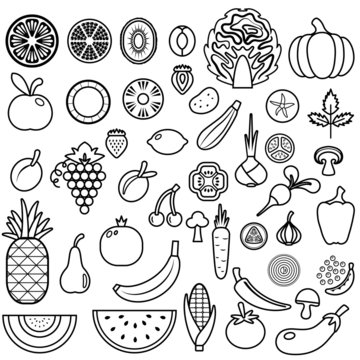 Set of fruits and vegetables. Food icon