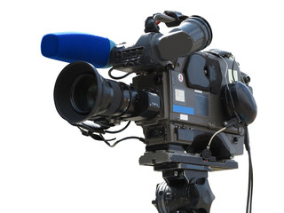 TV Professional studio digital video camera on tripod isolated o