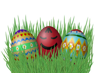 Easter eggs on grass isolated on white background