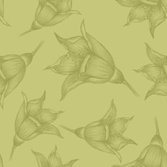 Seamless pattern with Vintage sketch flowers on olive paper